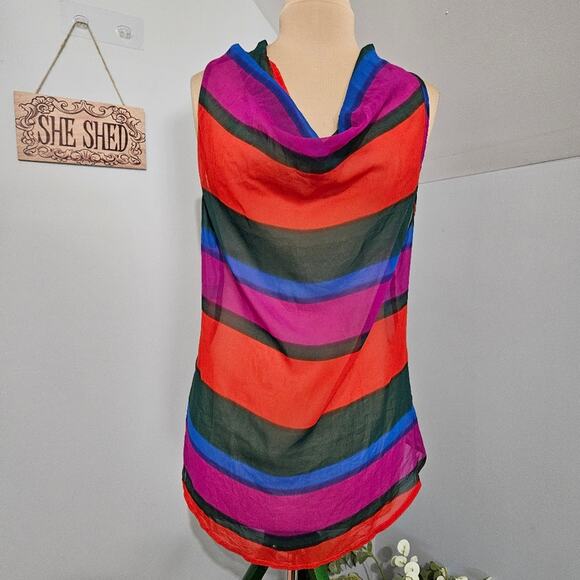 Myth NYC Tunic Top Semi Sheer Lightweight Cowl Neck Racerback Striped Large 70s - Picture 2 of 14
